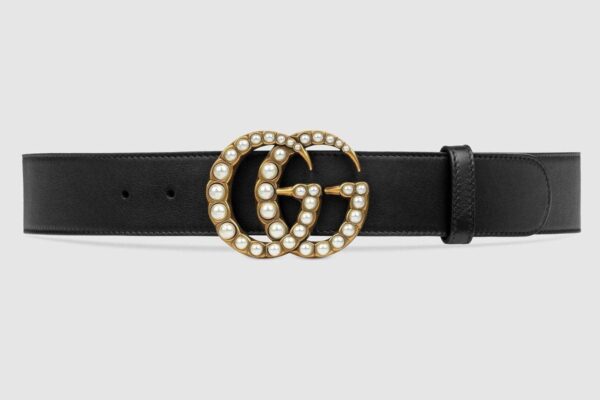 Black Leather Belt Pearly Buckle