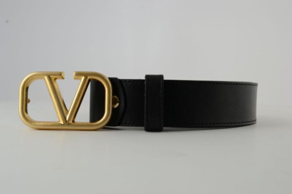 Black V Gold Buckle Leather Belt - Image 4