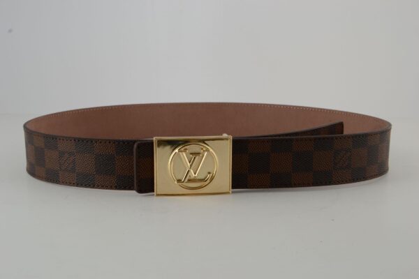 Brown Damier Gold Buckle Leather Belt - Image 4