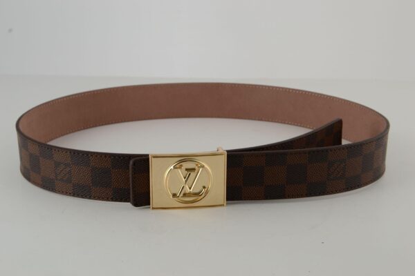 Brown Damier Gold Buckle Leather Belt - Image 5