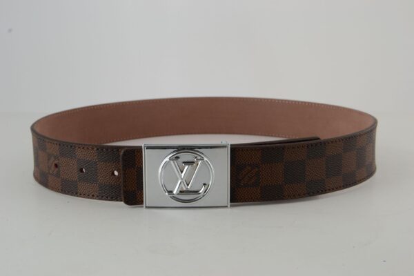 Brown Damier Silver Buckle Leather Belt