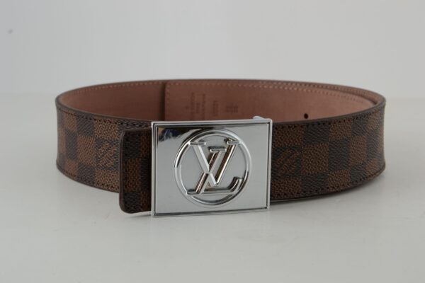 Brown Damier Silver Buckle Leather Belt - Image 2