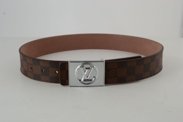 Brown Damier Silver Buckle Leather Belt - Image 3