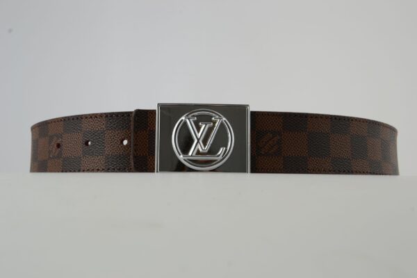 Brown Damier Silver Buckle Leather Belt - Image 5